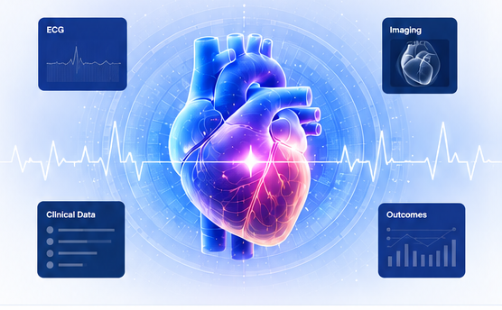 Cardiovascular intelligence: AI-derived heart illustration with linked ECG, imaging, clinical data, and outcomes signals