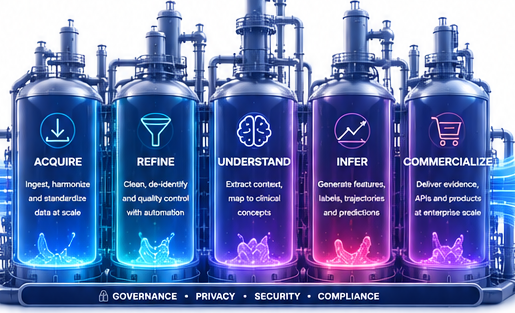 The D3H Intelligence Refinery: Acquire, Refine, Understand, Infer, and Commercialize pipeline turning raw clinical data into AI-ready cardiovascular intelligence, governed by governance, privacy, security, and compliance